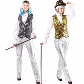 Paillettenweste Damen Gold Silber Varianten Silberne und Goldene Paillettenweste für Damen als glitzerndes Kostüm-Zubehör für Revue, Show, Tanz und Bühne.