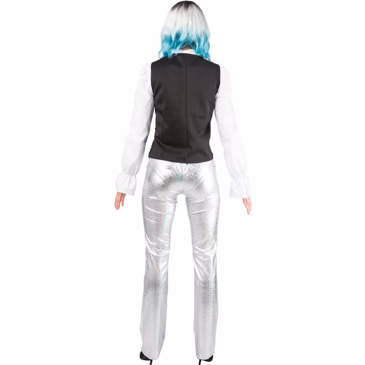 Paillettenweste Damen Silber Rückansicht Rückansicht der silbernen Paillettenweste für Damen mit schlicht schwarzer Rückseite für Tanz, Revue und Bühnenkostüme.