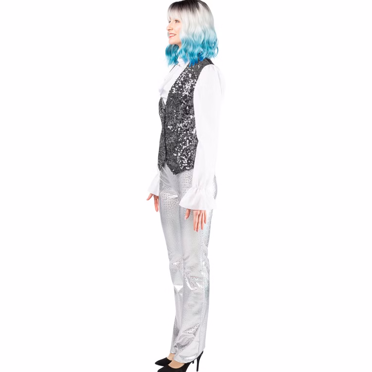 Pailletten Weste Damen Silber Seitenansicht Seitenansicht der silbernen Pailletten-Weste für Damen mit glitzernder Vorderseite, schwarzem Rücken und figurbetontem Schnitt.