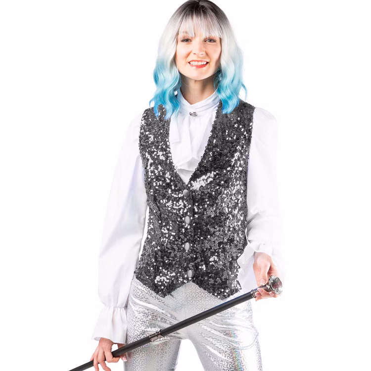 Paillettenweste Damen Silber Vorderansicht Detail Silberne Paillettenweste für Damen mit glitzernder Vorderseite und Knopfleiste als Kostüm-Zubehör für Revue, Show und Tanz.