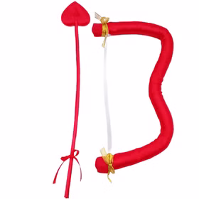 Amor Pfeil Und Bogen Rot Kostüm Zubehör Rotes Pfeil-und-Bogen-Set für Amor Kostüme mit weißer Sehne, goldfarbenen Schleifen und Pfeil mit Herzspitze.