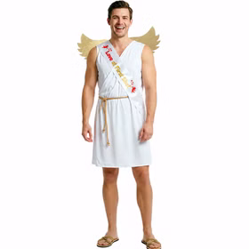 Amor Kostüm Valentin Herren Frontansicht Frontalansicht des Amor Kostüms Valentin für Herren mit weißer Tunika, goldenen Flügeln, Schärpe und Kordelgürtel.
