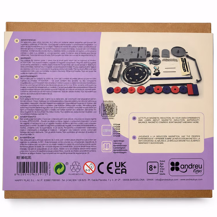 Magnetismus Experimentier Set Verpackung Rückseite Rückseite des 12-in-1 Magnetismus Experimentier-Sets mit Lieferumfang, Sicherheitshinweisen und Altersempfehlung ab 8 Jahren.