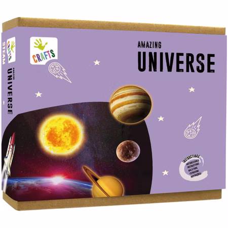 Universum Bastelset Verpackung Vorderseite Universum Bastelset für Kinder mit Weltall-Motiv auf der Verpackung, Planeten, Sonne und Space Shuttle als kreatives Lernset
