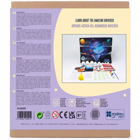 Universum Bastelset Verpackung Rückseite Rückseite des Universum Bastelsets mit Abbildung von Planeten, Bastelmaterialien, Farben, Sternen und großem Sonnensystem-Poster