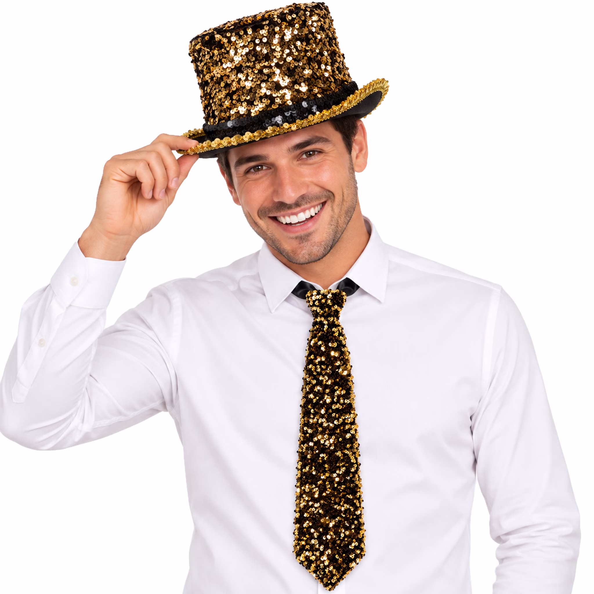 Lächelnder Mann mit weißem Hemd trägt goldenen Pailletten-Zylinder und goldene Pailletten-Krawatte als festliches Party-Set. Hinweis: KI generiertes Bild