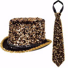 Goldener Pailletten-Zylinder und goldene Pailletten-Krawatte als Glitzer-Set für Erwachsene, einzeln nebeneinander dargestellt.