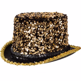 Goldfarbener Zylinder mit glitzernden Pailletten, schwarzem Hutband und dekorativem Rand als funkelndes Kostüm-Zubehör.