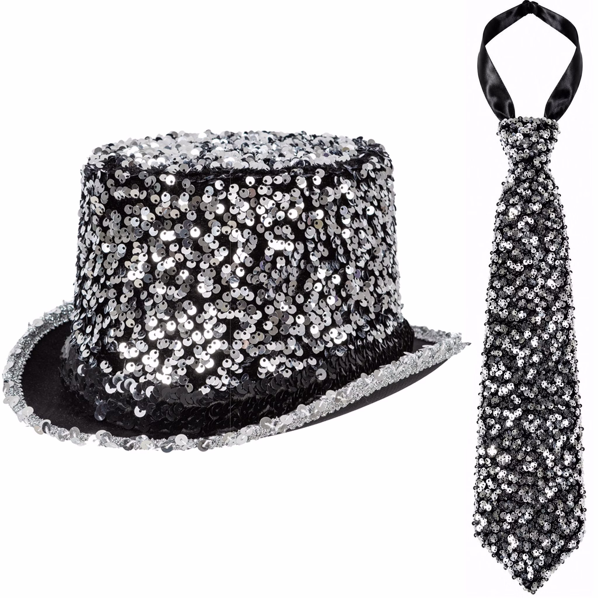 Pailletten Set Silber Zylinder und Krawatte Silbernes Glitzer-Set für Erwachsene mit Pailletten-Zylinder und passender Pailletten-Krawatte, freigestellt vor hellem Hintergrund.
