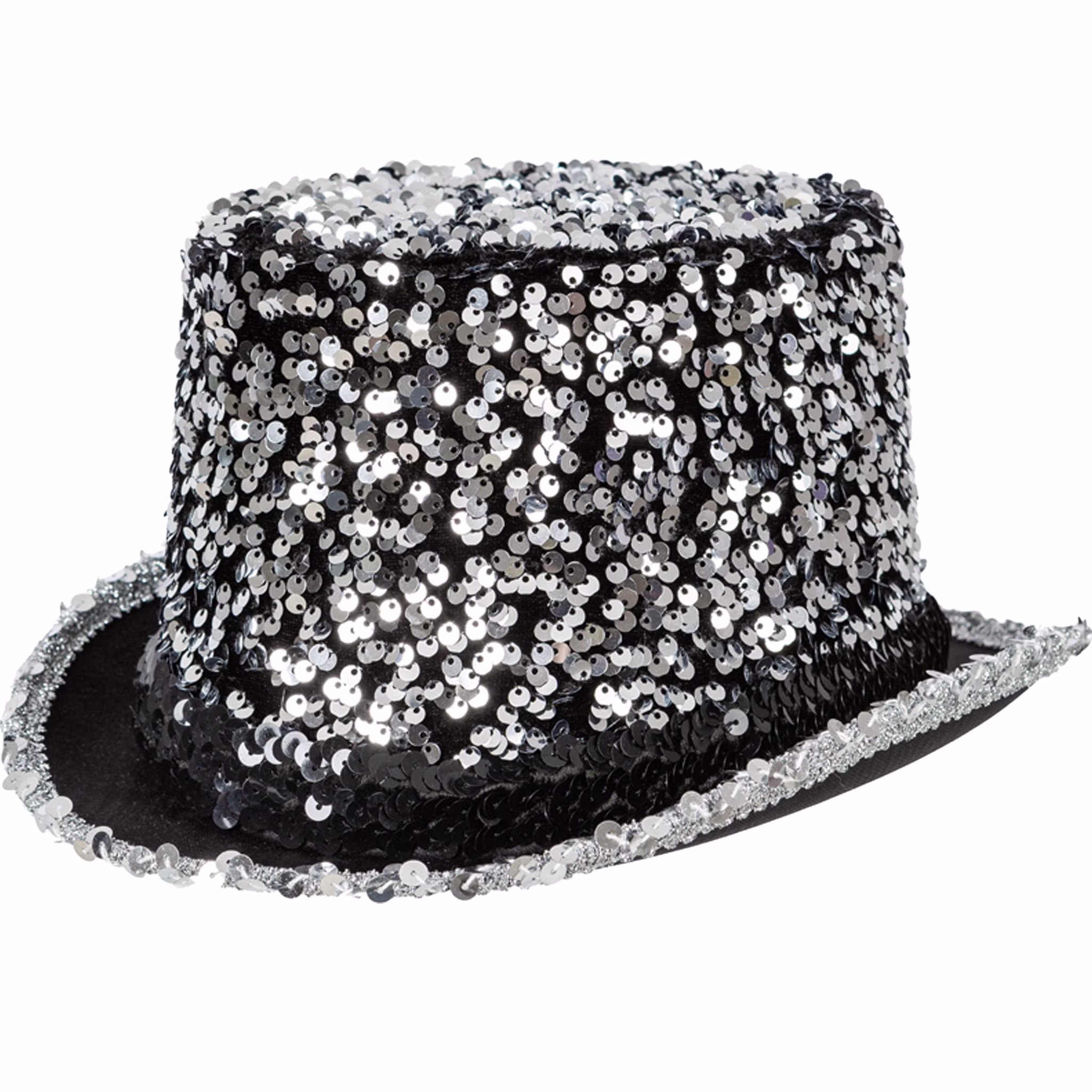 Pailletten Zylinder Silber Silberner Pailletten-Zylinder für Erwachsene mit schwarzem Hutband und glitzerndem Rand, freigestellt vor hellem Hintergrund.
