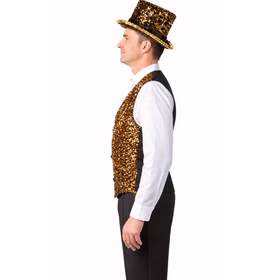Paillettenweste Gold Zylinder Herren Seite Herrenmodell in Seitenansicht mit goldener Paillettenweste, weißem Hemd und passendem goldenen Pailletten-Zylinder. Hinweis: KI generiertes Bild