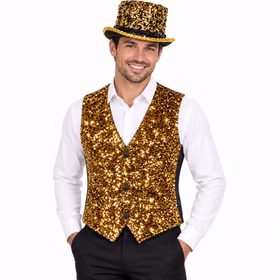 Paillettenweste Gold Zylinder Herren Vorne Herrenmodell von vorn mit goldener Paillettenweste, weißem Hemd und passendem goldenen Pailletten-Zylinder vor hellem Hintergrund. Hinweis: KI generiertes Bild