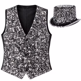 Paillettenweste Silber mit Zylinder Produktansicht Silberne Paillettenweste mit schwarzem Rückenbereich und passendem Pailletten-Zylinder als Set auf weißem Hintergrund.