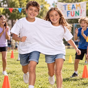 Zwei Kinder laufen gemeinsam im weißen Doppel-T-Shirt bei einem lustigen Teamwettbewerb im Freien mit weiteren Kindern. Hinweis: KI generiertes Bild