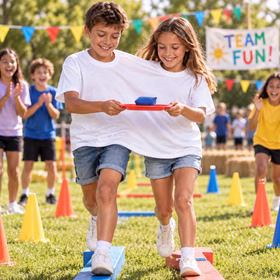 Zwei Kinder meistern im weißen Doppel-T-Shirt gemeinsam einen Geschicklichkeitsparcours und balancieren dabei einen Gegenstand. Hinweis: KI generiertes Bild