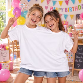Zwei Mädchen tragen gemeinsam das weiße Doppel-T-Shirt und posieren fröhlich als lustiges Fotomotiv bei einem Kindergeburtstag. Hinweis: KI generiertes Bild