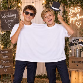 Zwei Jungen tragen gemeinsam das weiße Doppel-T-Shirt und posieren mit Fotobox-Requisiten als lustiges Fotomotiv bei einer Hochzeit. Hinweis: KI generiertes Bild