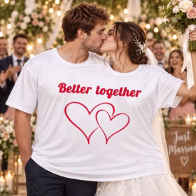 Doppel T Shirt Better together Hochzeit Ein Brautpaar küsst sich im gemeinsamen Doppel-T-Shirt „Better together“ mit Herz-Motiv vor einer feiernden Hochzeitsgesellschaft. Hinweis: KI generiertes Bild