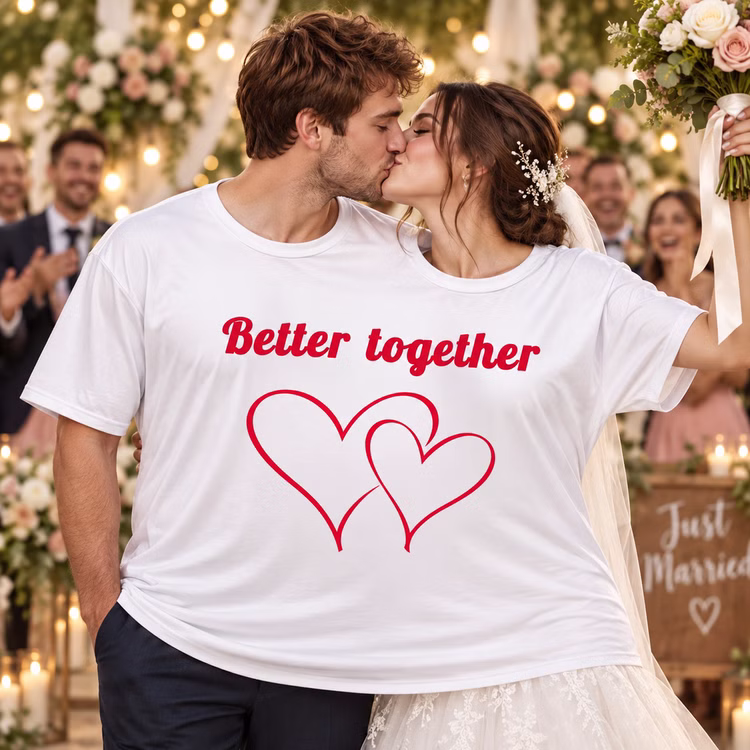 Doppel T Shirt Better together Hochzeit Ein Brautpaar küsst sich im gemeinsamen Doppel-T-Shirt „Better together“ mit Herz-Motiv vor einer feiernden Hochzeitsgesellschaft. Hinweis: KI generiertes Bild