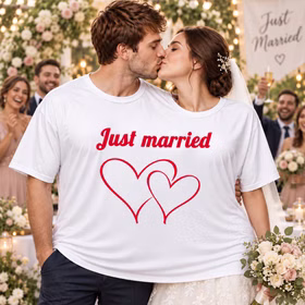 Doppel T Shirt Just married Hochzeitsfeier Ein Brautpaar küsst sich im Doppel-T-Shirt „Just married“ mit Herz-Motiv vor einer festlich feiernden Hochzeitsgesellschaft. Hinweis: KI generiertes Bild