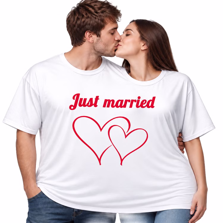 Doppel T Shirt Just married Brautpaar Ein frisch verheiratetes Paar küsst sich im weißen Doppel-T-Shirt „Just married“ mit zwei roten Herzen vor weißem Hintergrund. Hinweis: KI generiertes Bild