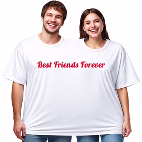 Ein Mann und eine Frau tragen gemeinsam das weiße Doppel-T-Shirt „Best Friends Forever“ und lachen in die Kamera. Hinweis: KI generiertes Bild