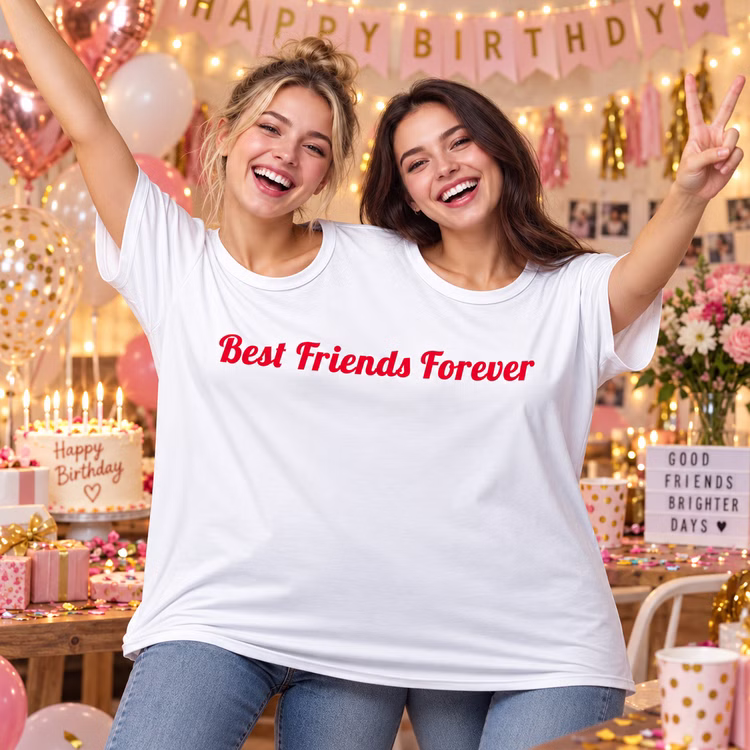 Doppel T Shirt Best Friends Forever Geburtstag Zwei Freundinnen feiern gemeinsam im Doppel-T-Shirt „Best Friends Forever“ auf einer festlich dekorierten Geburtstagsparty. Hinweis: KI generiertes Bild