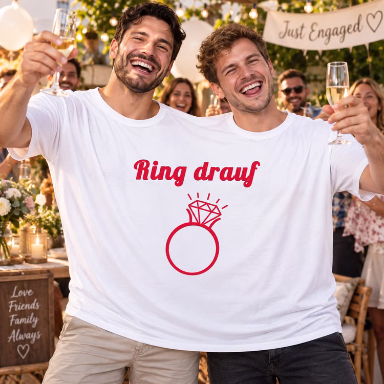 Doppel T Shirt Ring drauf Verlobungsfeier Zwei Männer tragen gemeinsam das Doppel-T-Shirt „Ring drauf“ und stoßen bei einer Verlobungsfeier mit Gästen und Sekt an. Hinweis: KI generiertes Bild