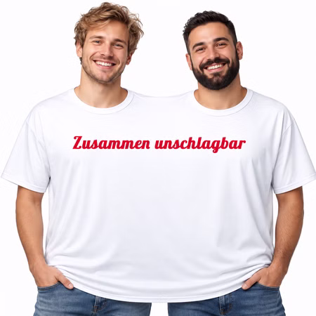 Doppel T Shirt Zusammen unschlagbar Herren Zwei unterschiedlich aussehende Männer tragen gemeinsam das weiße Doppel-T-Shirt mit rotem Schriftzug „Zusammen unschlagbar“. Hinweis: KI generiertes Bild