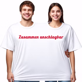 Eine Frau und ein Mann tragen gemeinsam das weiße Doppel-T-Shirt mit rotem Schriftzug „Zusammen unschlagbar“ und lachen in die Kamera. Hinweis: KI generiertes Bild