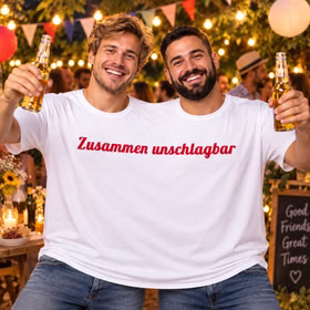 Zwei Männer tragen gemeinsam das Doppel-T-Shirt „Zusammen unschlagbar“ und feiern gut gelaunt auf einer stimmungsvollen Gartenparty. Hinweis: KI generiertes Bild