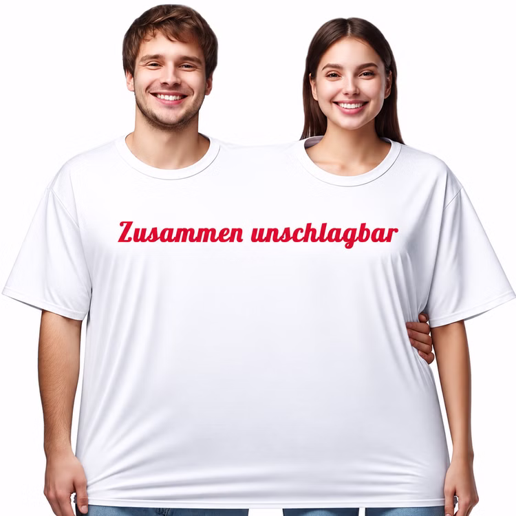 Doppel T Shirt Zusammen unschlagbar Damen Herren Eine Frau und ein Mann tragen gemeinsam das weiße Doppel-T-Shirt mit rotem Schriftzug „Zusammen unschlagbar“ und lachen in die Kamera. Hinweis: KI generiertes Bild
