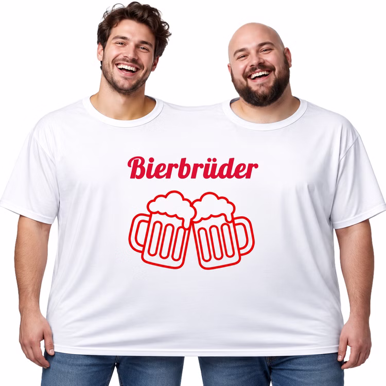 Doppel T-Shirt Bierbrüder für 2 Personen Zwei Männer tragen gemeinsam das weiße Doppel-T-Shirt „Bierbrüder“ mit rotem Schriftzug und Motiv aus zwei anstoßenden Bierkrügen. Hinweis: KI generiertes Bild