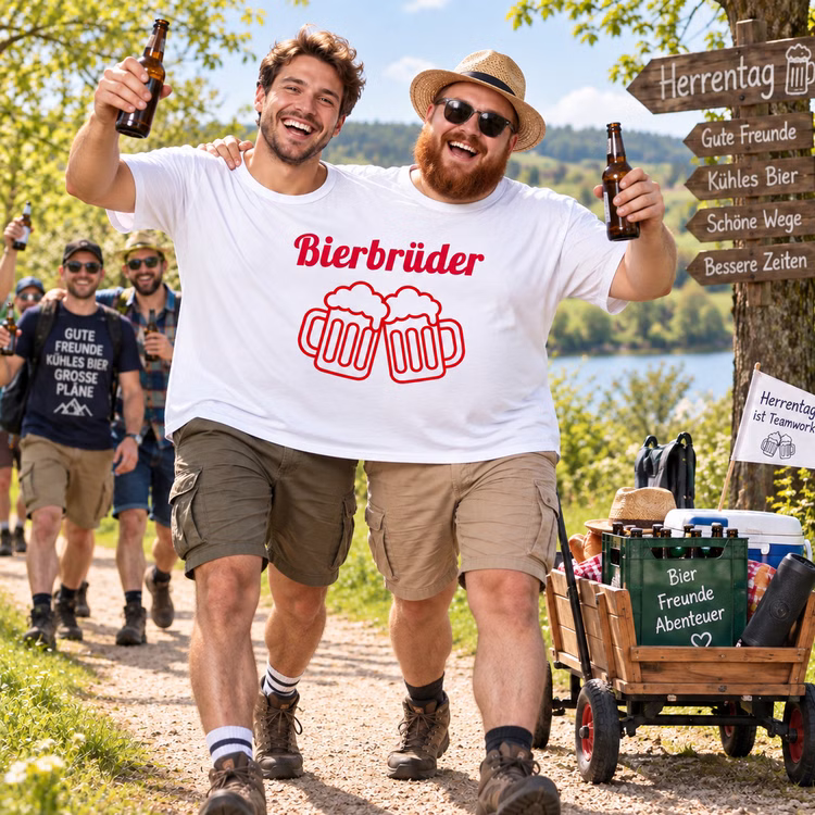 Doppel T-Shirt Bierbrüder Herrentag Männertag Zwei Männer tragen beim Herrentag gemeinsam das Doppel-T-Shirt „Bierbrüder“ und sind mit Freunden und Bollerwagen auf einem Ausflug unterwegs. Hinweis: KI generiertes Bild
