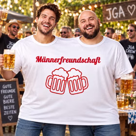 Doppel T-Shirt Männerfreundschaft JGA Zwei Männer tragen beim Junggesellenabschied gemeinsam das Doppel-T-Shirt „Männerfreundschaft“ mit Bierkrug-Motiv und feiern mit Freunden. Hinweis: KI generiertes Bild