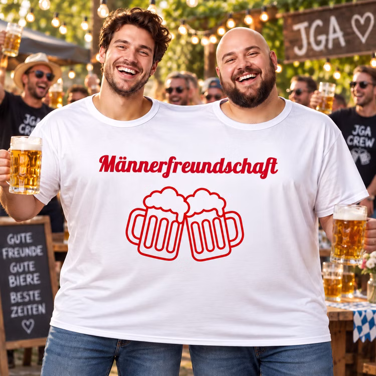 Doppel T-Shirt Männerfreundschaft JGA Zwei Männer tragen beim Junggesellenabschied gemeinsam das Doppel-T-Shirt „Männerfreundschaft“ mit Bierkrug-Motiv und feiern mit Freunden. Hinweis: KI generiertes Bild