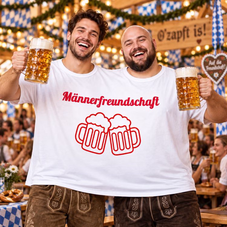 Doppel T-Shirt Männerfreundschaft Oktoberfest Zwei Männer tragen gemeinsam das Doppel-T-Shirt „Männerfreundschaft“ mit Bierkrug-Motiv und feiern mit Bierkrügen auf einem Oktoberfest. Hinweis: KI generiertes Bild