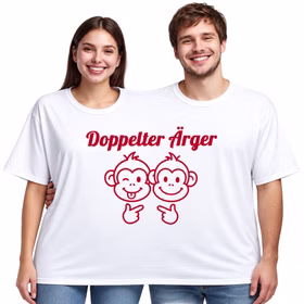 Doppel T-Shirt Doppelter Ärger für 2 Personen Eine Frau und ein Mann tragen gemeinsam das weiße Doppel-T-Shirt „Doppelter Ärger“ mit rotem Äffchen-Motiv und lachen in die Kamera. Hinweis: KI generiertes Bild
