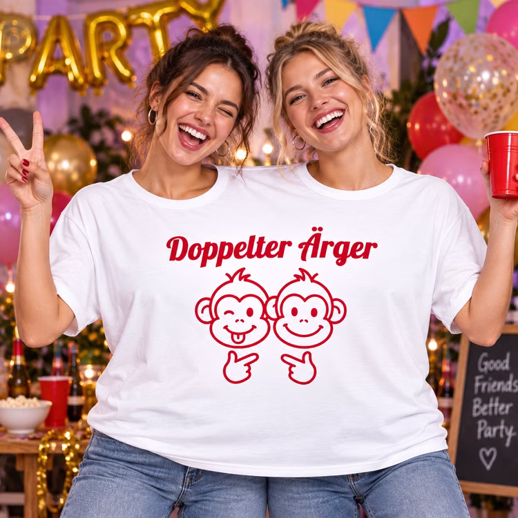 Doppel T-Shirt Doppelter Ärger Damen Party Zwei Frauen tragen gemeinsam das Doppel-T-Shirt „Doppelter Ärger“ mit Äffchen-Motiv und feiern lachend auf einer Party. Hinweis: KI generiertes Bild