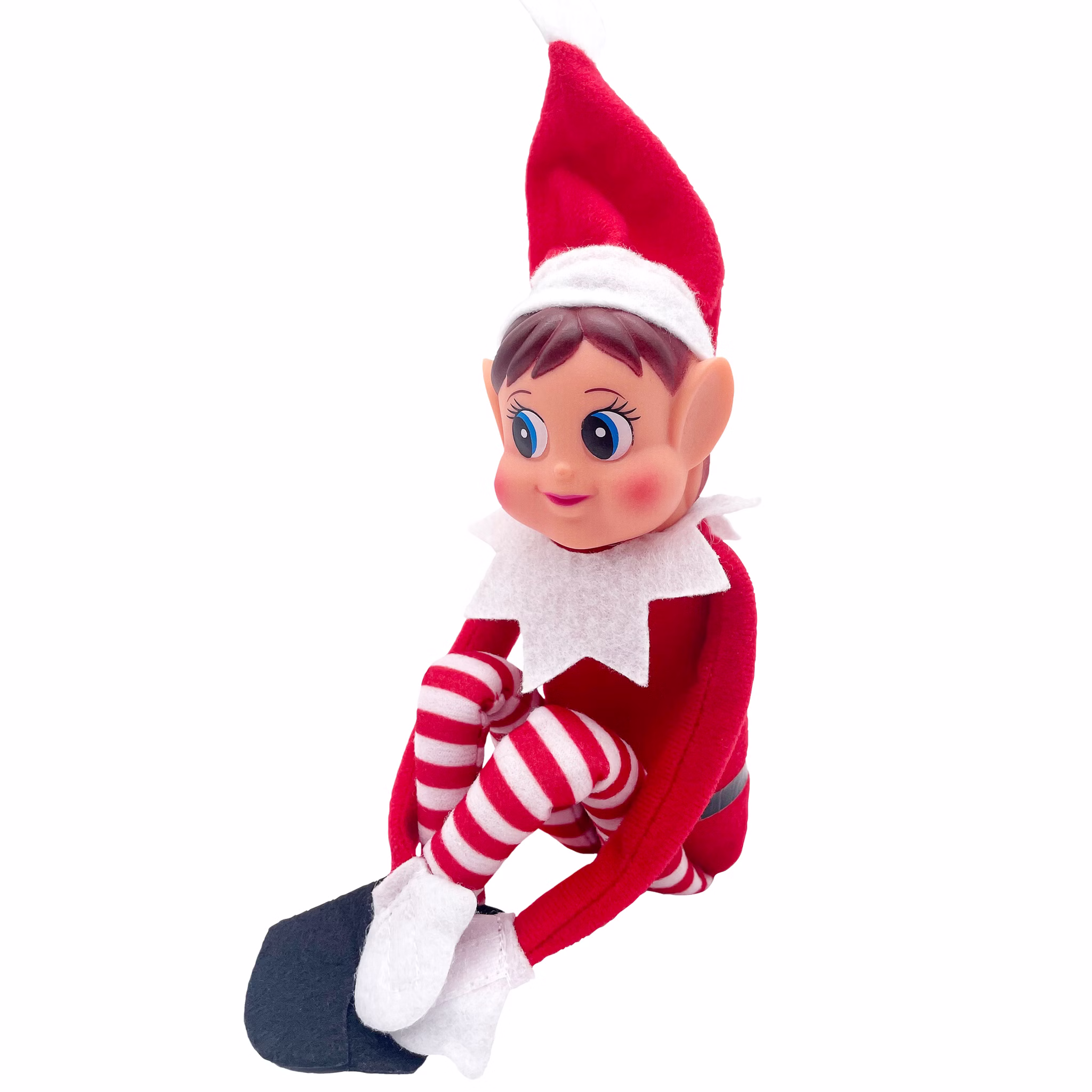 Weihnachtswichtel Mädchen sitzend Sitzendes Weihnachtswichtel-Mädchen mit rotem Outfit, Zipfelmütze, gestreiften Beinen und schwarzen Schuhen auf weißem Hintergrund.