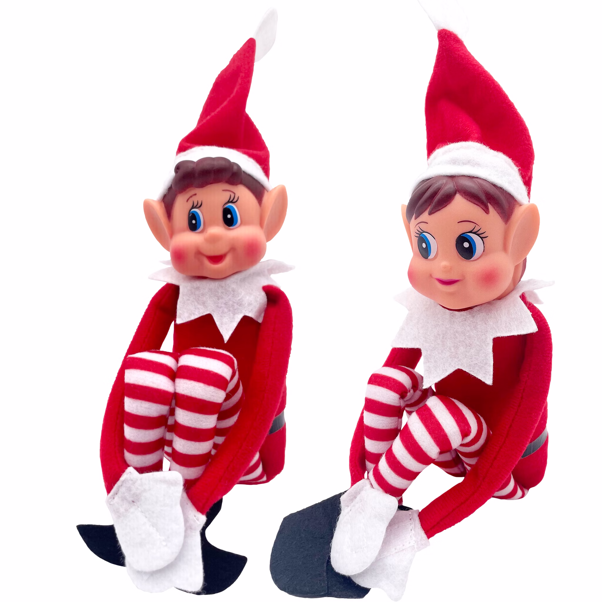 Weihnachtswichtel Mädchen und Junge Weihnachtswichtel-Mädchen und Wichtel-Junge gemeinsam sitzend im rot-weißen Weihnachtsoutfit mit Zipfelmützen und gestreiften Beinen.