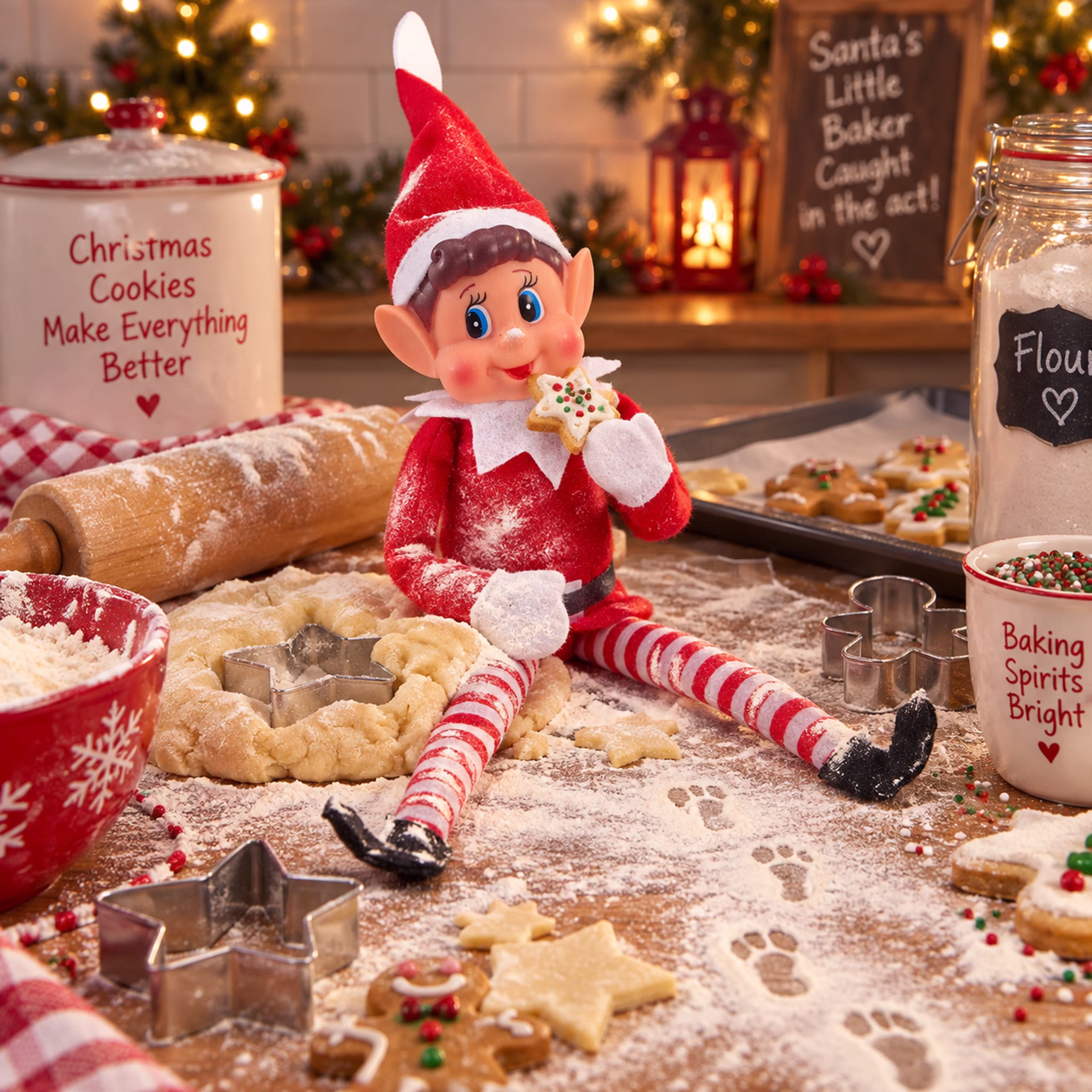 Weihnachtswichtel Plätzchenbacken Schabernack Frecher Weihnachtswichtel nascht Plätzchen zwischen Teigrolle, Keksausstechern und Mehlspuren auf einer festlich dekorierten Küchenarbeitsplatte. Hinweis: KI generiertes Bild
