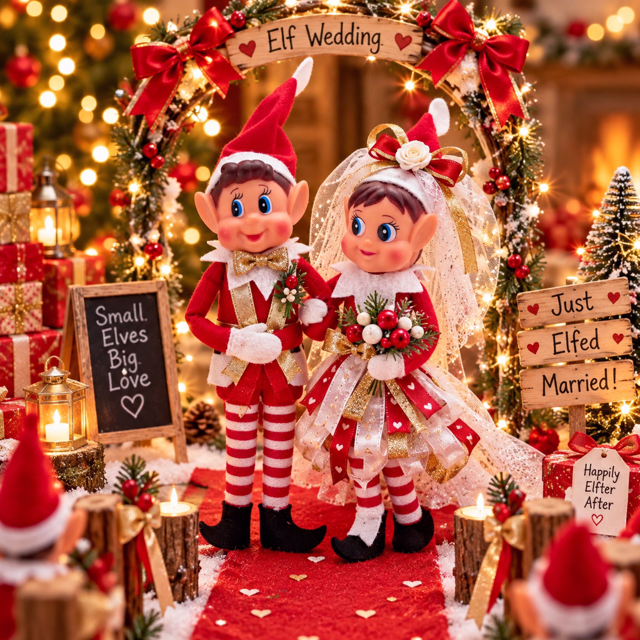 Weihnachtswichtel Duo Hochzeit Wichtel-Mädchen als Braut mit Schleier und Blumenstrauß neben dem Wichtel-Jungen mit Fliege bei einer festlichen Weihnachts-Hochzeit. Hinweis: KI generiertes Bild
