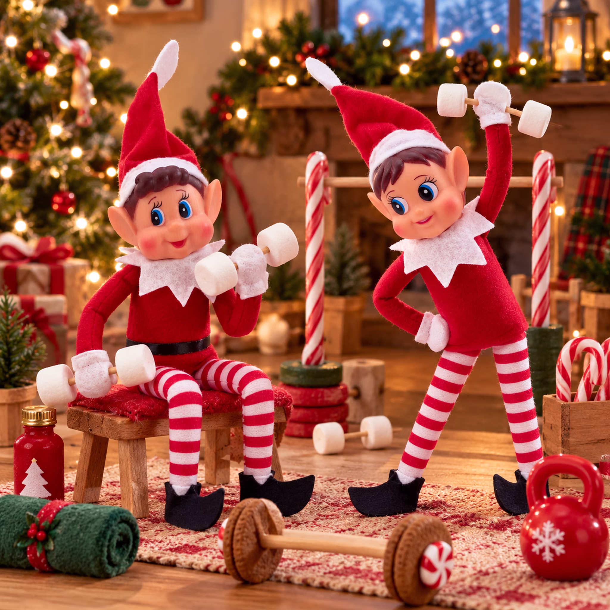 Weihnachtswichtel Duo Fitnessstudio Zwei Weihnachtswichtel trainieren mit selbst gebastelten Marshmallow-Hanteln in einem festlich dekorierten Mini-Fitnessstudio zur Adventszeit. Hinweis: KI generiertes Bild