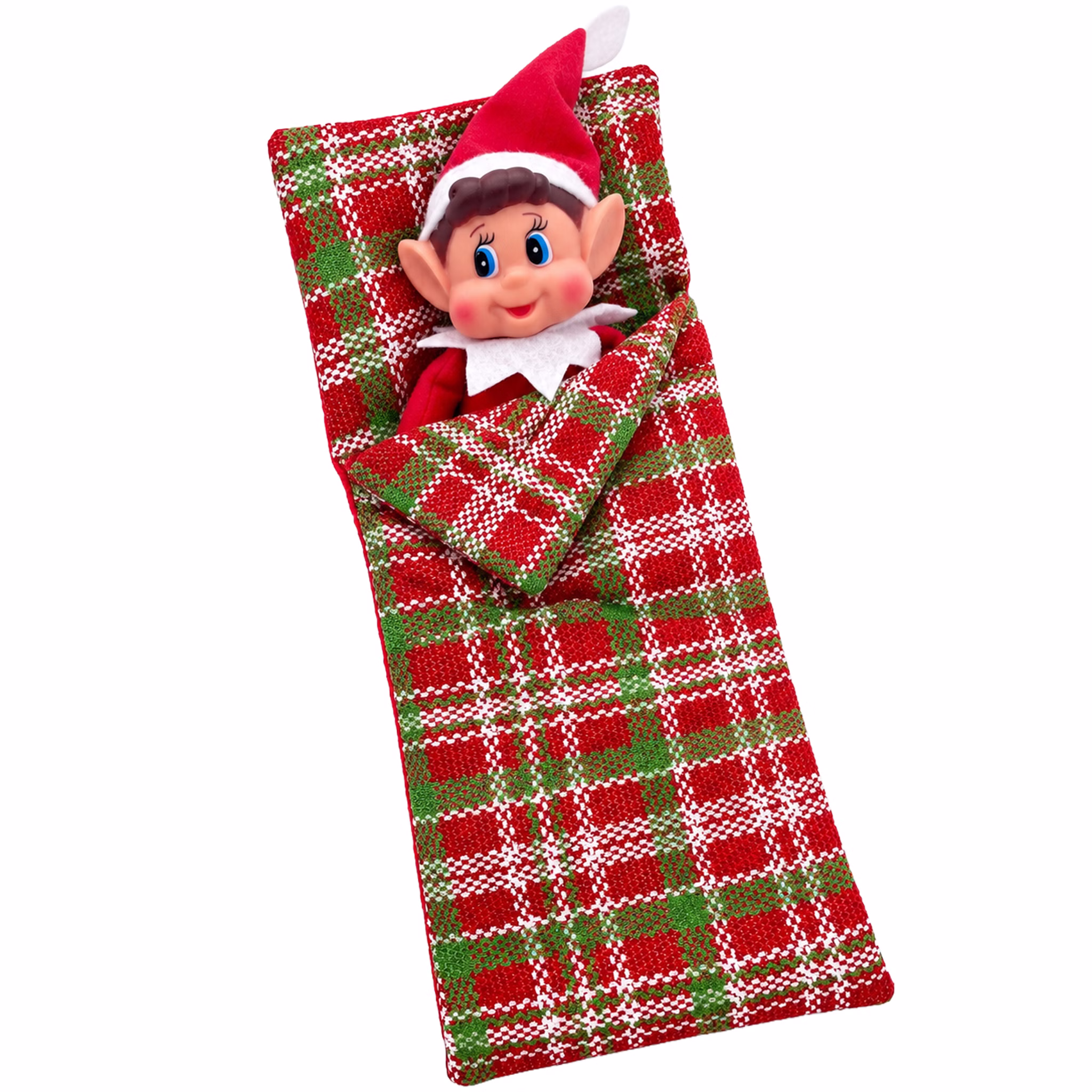 Wichtel Schlafsack mit Wichteljunge Fröhlicher Wichteljunge mit roter Zipfelmütze liegt eingekuschelt im rot-grün karierten Mini-Schlafsack für Weihnachtswichtel.