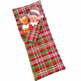 Wichtel Schlafsack Weihnachten Kariert Mini-Schlafsack für Weihnachtswichtel mit rot-grün-weißem Karomuster und aufgedrucktem Wichtel mit Teddybär als Adventszubehör.