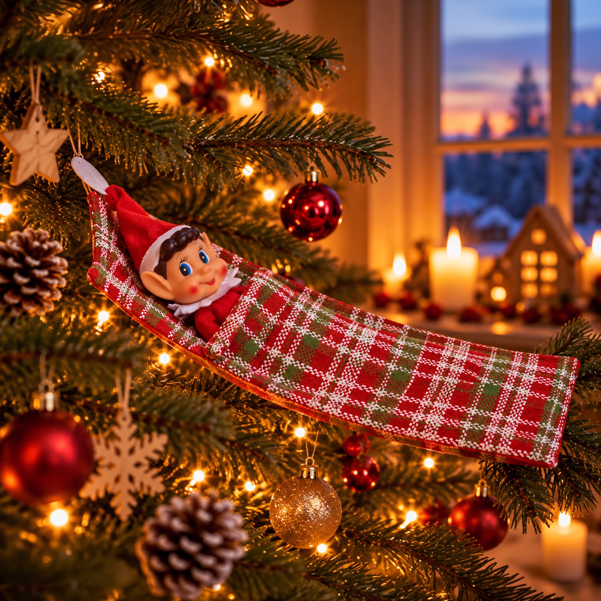 Weihnachtliches Ambiente im Tannenbaum Weihnachtswichteljunge liegt im karierten Schlafsack wie in einer Hängematte zwischen Tannenzweigen mit Weihnachtskugeln und warmem Kerzenlicht. Hinweis: KI generiertes Bild