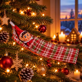 Weihnachtliches Ambiente im Tannenbaum Weihnachtswichteljunge liegt im karierten Schlafsack wie in einer Hängematte zwischen Tannenzweigen mit Weihnachtskugeln und warmem Kerzenlicht. Hinweis: KI generiertes Bild