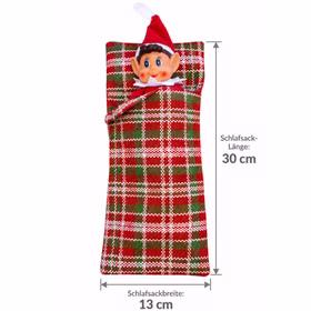 Schlafsack mit Maßangaben Weihnachtswichteljunge im karierten Schlafsack mit Maßangaben: 30 cm Länge und 13 cm Breite.