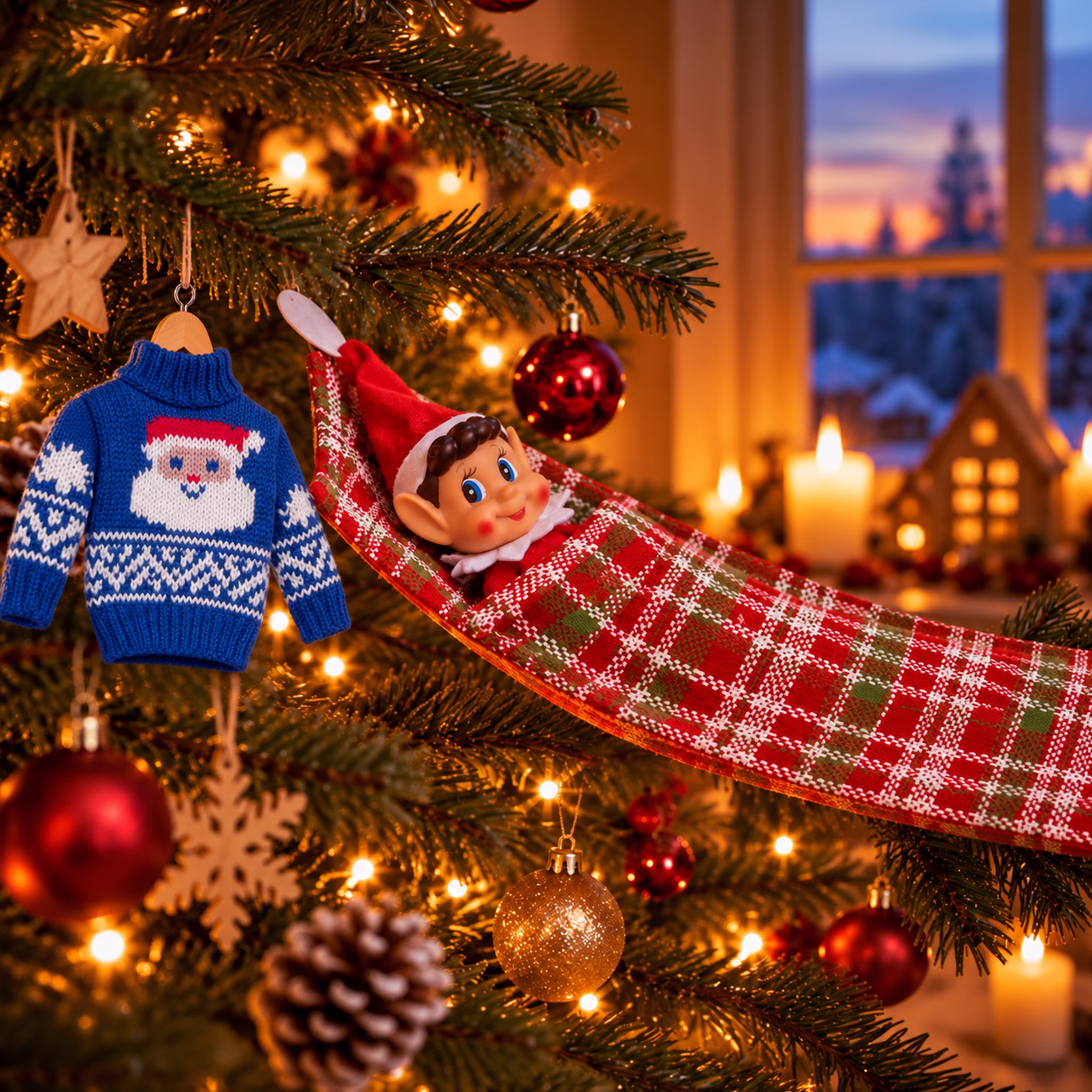 Weihnachtsambiente mit Wichtel, Schlafsack und Pullover Weihnachtswichtel in rot-grüner Schlafsack-Hängematte am beleuchteten Weihnachtsbaum. Daneben hängt ein blauer Weihnachtspullover mit weißem Schneeflockenmuster und Weihnachtsmannmotiv. Hinweis: KI generiertes Bild